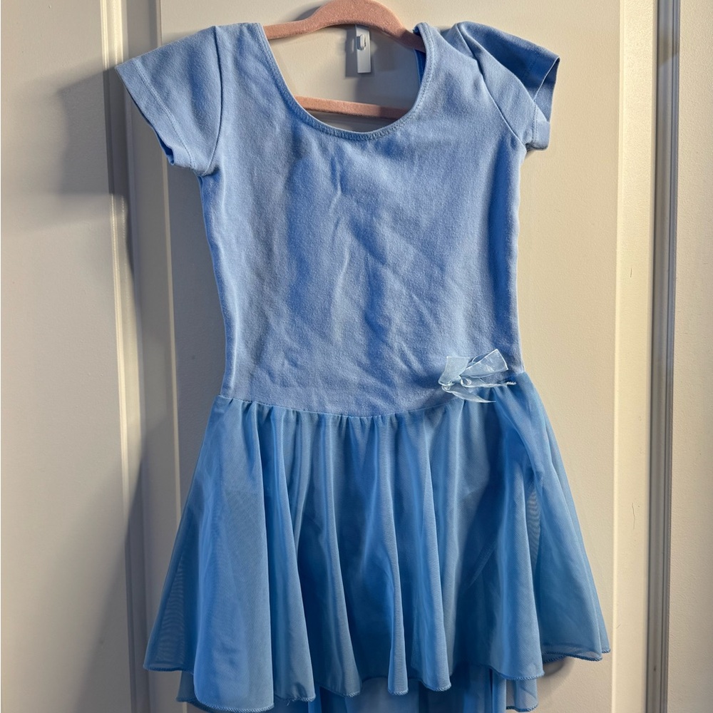Chic Blue Leotard with flowing skirt and Bow Detail girls 6X
